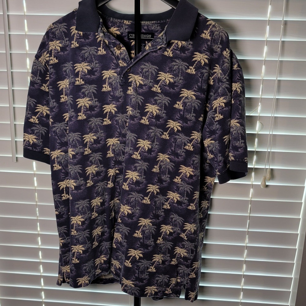 Crossings Polo Shirt Men XL Blue Palm Tree Tropical Print Cotton Excellent